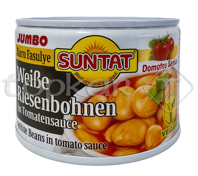 Suntat Jumbo Weiße Riesenbohnen in Tomatensauce, Dose mit braunen Bohnen und frischen Tomatenmotiv