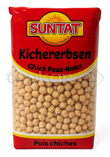 Suntat Kicherebsen, getrocknete Kichererbsen in Verpackung mit rotem Etikett und gelbem Logo