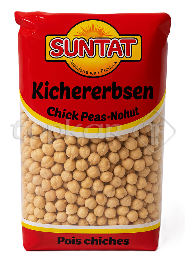Suntat Kicherebsen, getrocknete Kichererbsen in Verpackung mit rotem Etikett und gelbem Logo