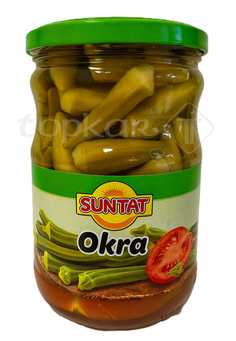 Suntat Okra eingelegte Okraschoten im Glas mit grünem Deckel und Tomatenmotiv auf Etikett