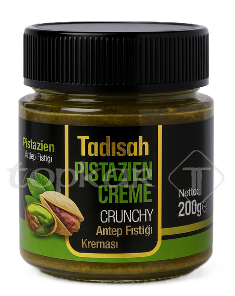 Tadisah Pistazien Creme Crunchy 200g Glas mit grünem Aufkleber und Pistazienbild vor weißem Hintergrund