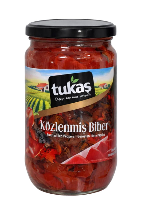 Tukaş Közlenmiş Biber 680g – geröstete rote Kapya-Paprika im Glas mit Knoblauch