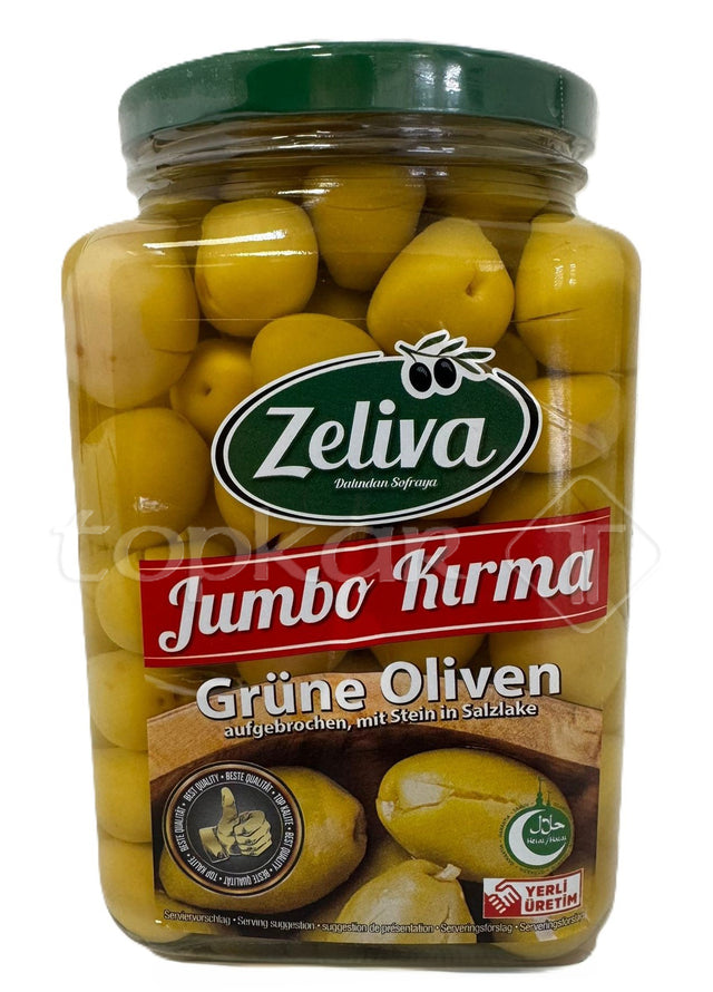 Zeliva Grüne Jumbo große grüne Oliven mit Stein eingelegt in Salzwasser