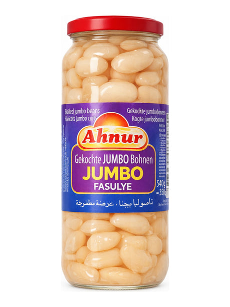 Ahinur Gekochte Jumbo Bohnen 540g – Jumbo Fasulye weiße Riesenbohnen Konserve