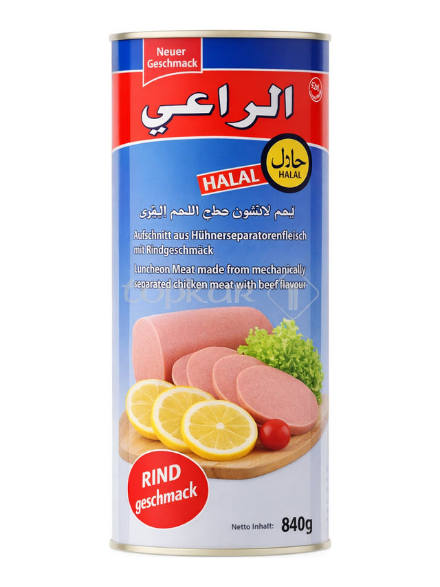 Al Raii Aufschnitt mit Rindgeschmack 840g – Halal Luncheon Meat Fleischkonserve