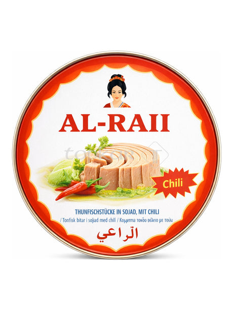 Al Raii Thunfischstücke mit Chili 160g – scharfer Skipjack Thunfisch in Sojaöl