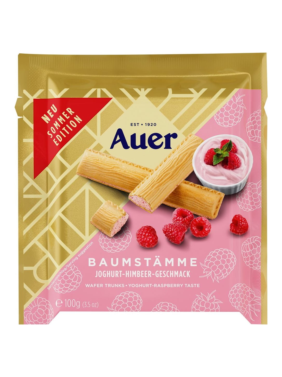 Auer Baumstämme Himbeere-Joghurt 100g – knusprige Waffelröllchen mit Joghurtcreme