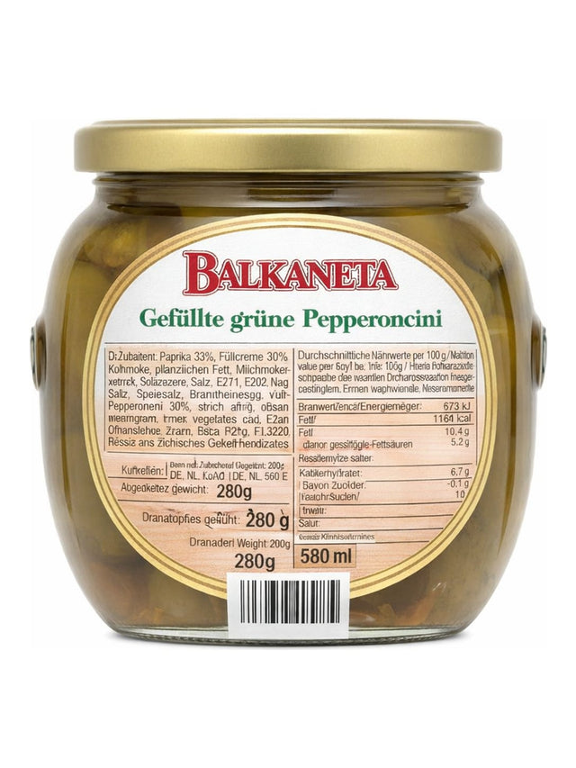 Balkaneta Gefüllte Grüne Peperoni 560g – Polneti zeleni piperki eingelegt mit Soja-Käse-Füllung