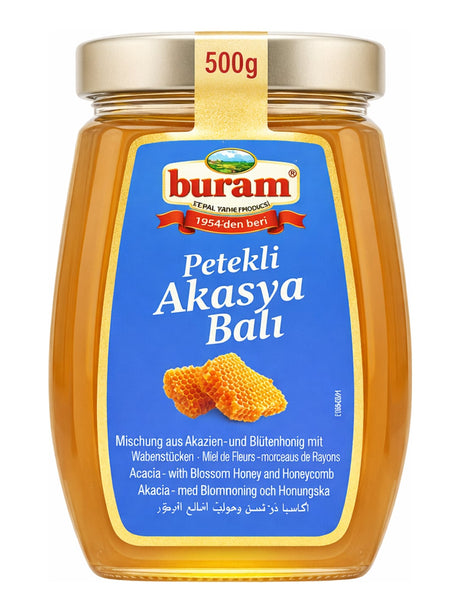 Buram Akazienhonig mit Wabenstück 500g – Petekli Akasya Balı naturreiner Honig