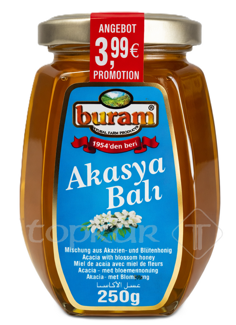 Buram Akazienhonig 250g im Glas, milder Honig aus Akazienblüten mit natürlichem Aroma und zartem Geschmack