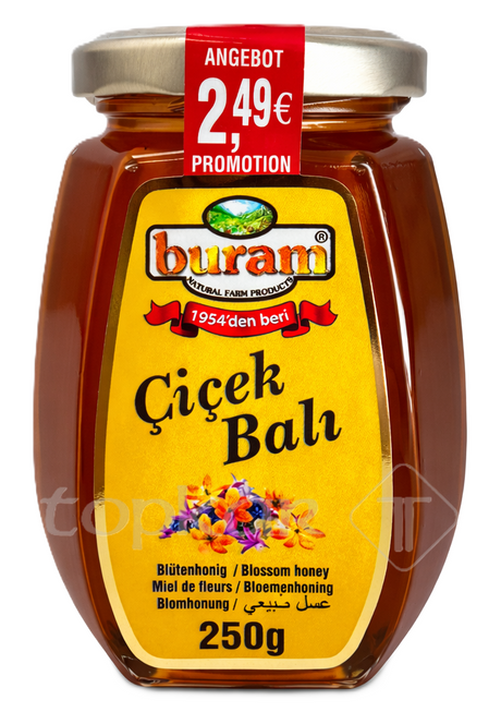 Buram Blütenhonig 250g im Glas mit naturreinem Blütenhonig und floralem Geschmack in attraktiver Verpackung