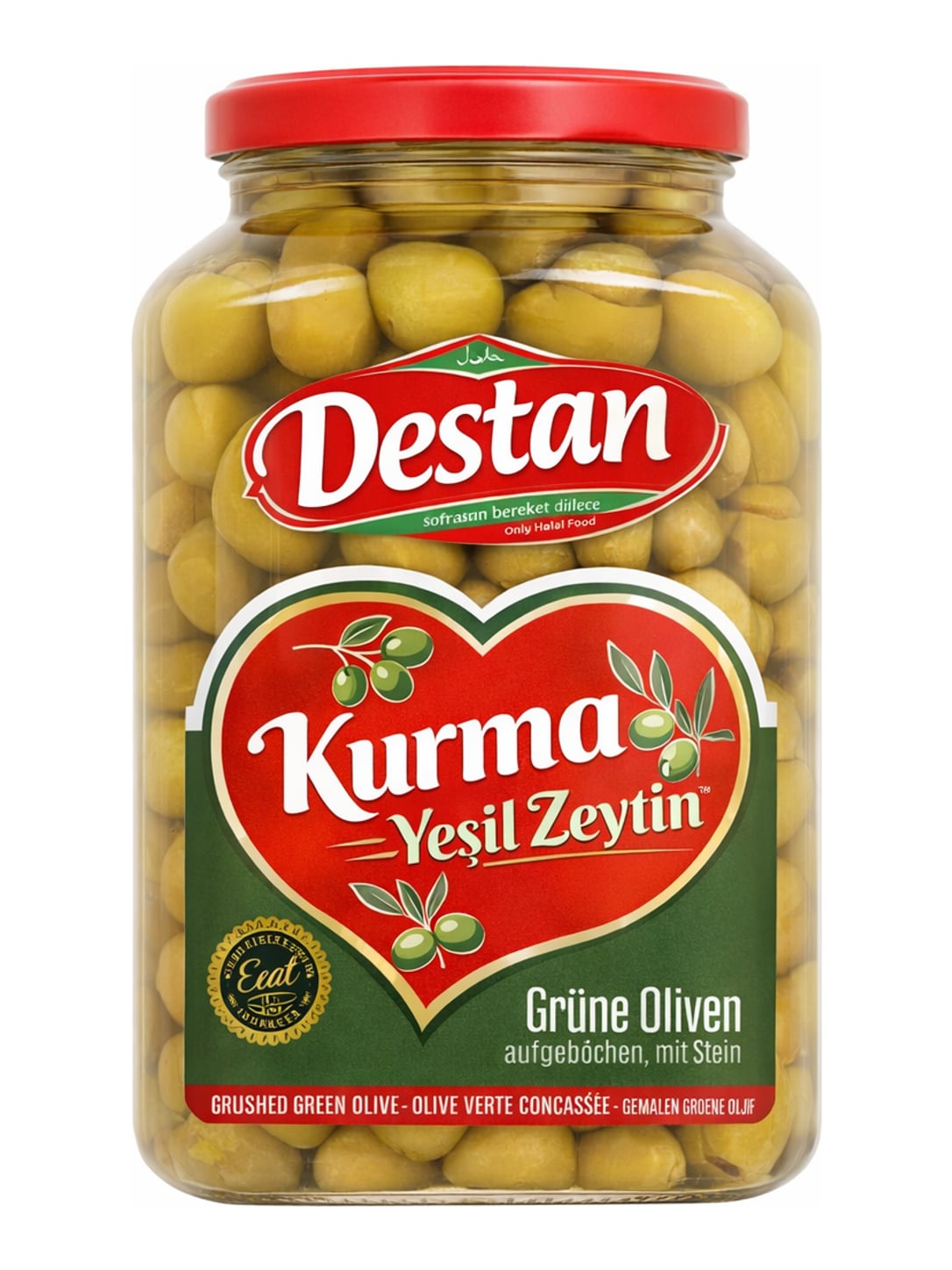 Destan Kırma Yeşil Zeytin 1600g – Gebrochene Grüne Oliven mit Stein eingelegte türkische Oliven