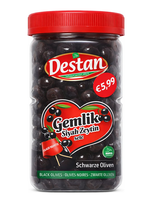 Destan Gemlik Schwarze Oliven mit Stein 1200g – Gemlik Siyah Zeytin Sele türkische Oliven