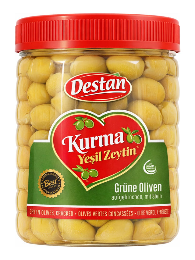 Destan Kırma Yeşil Zeytin 1120g – grüne Oliven aufgebrochen mit Stein