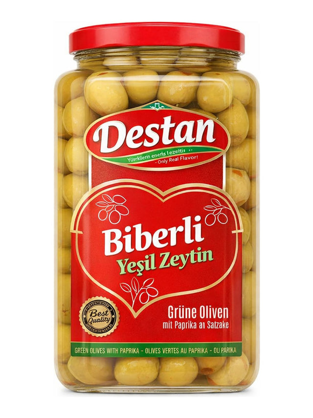 Destan Grüne Oliven gefüllt mit Paprika 1600g – Biberli Yeşil Zeytin türkische Oliven