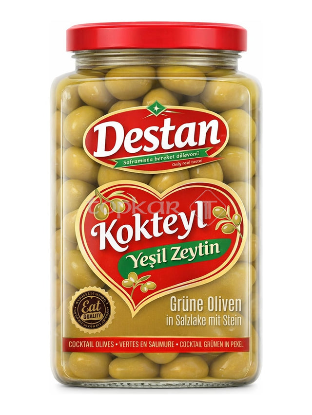Destan Kokteyl Yeşil Zeytin 1600g – Grüne Oliven mit Stein in Salzlake