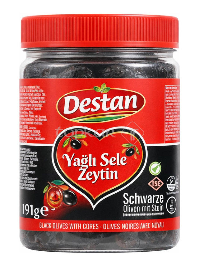 Destan Schwarze Oliven mit Stein 400g – Yağlı Sele Zeytin türkische schwarze Oliven