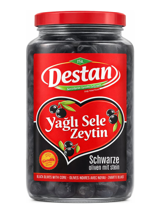 Destan Schwarze Oliven mit Stein 900g – Yağlı Sele Zeytin türkische Gemlik Oliven