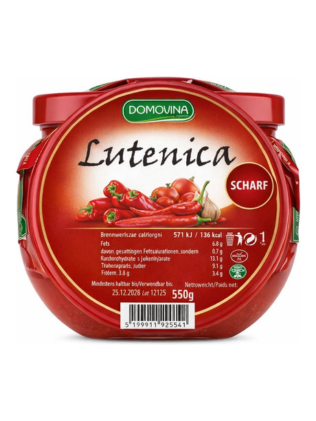 Domovina Lutenica Scharf 550g – Paprika-Tomaten-Aufstrich Balkan Ajvar-Art