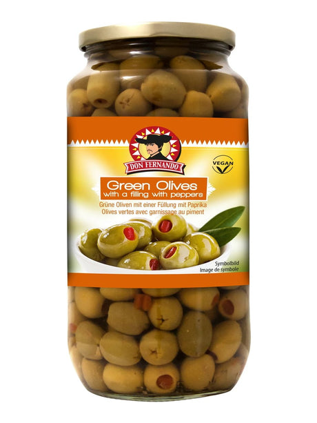 Don Fernando Grüne Oliven mit Paprikacreme 920g – aceitunas rellenas de pimiento gefüllte Oliven