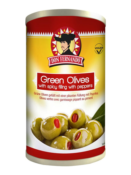 Don Fernando Grüne Oliven mit Paprikacreme 350g – spanische gefüllte Oliven pikant