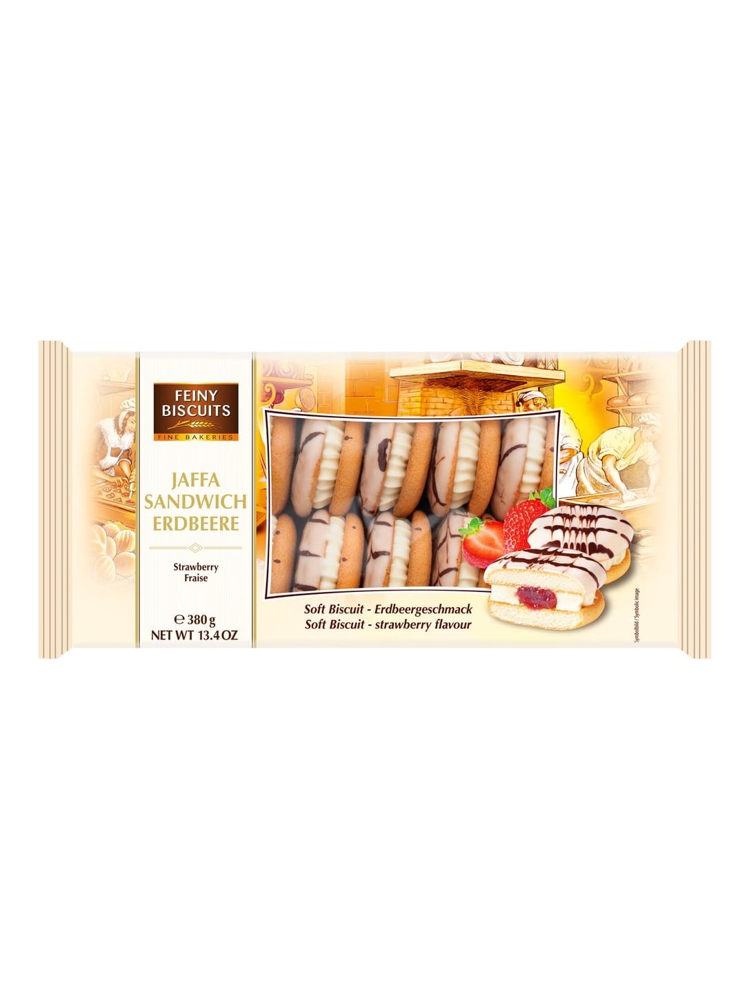 Feiny Biscuits Jaffa Sandwich Sahne-Erdbeere 380g – weiches Biskuit-Gebäck mit Sahne- und Erdbeercreme