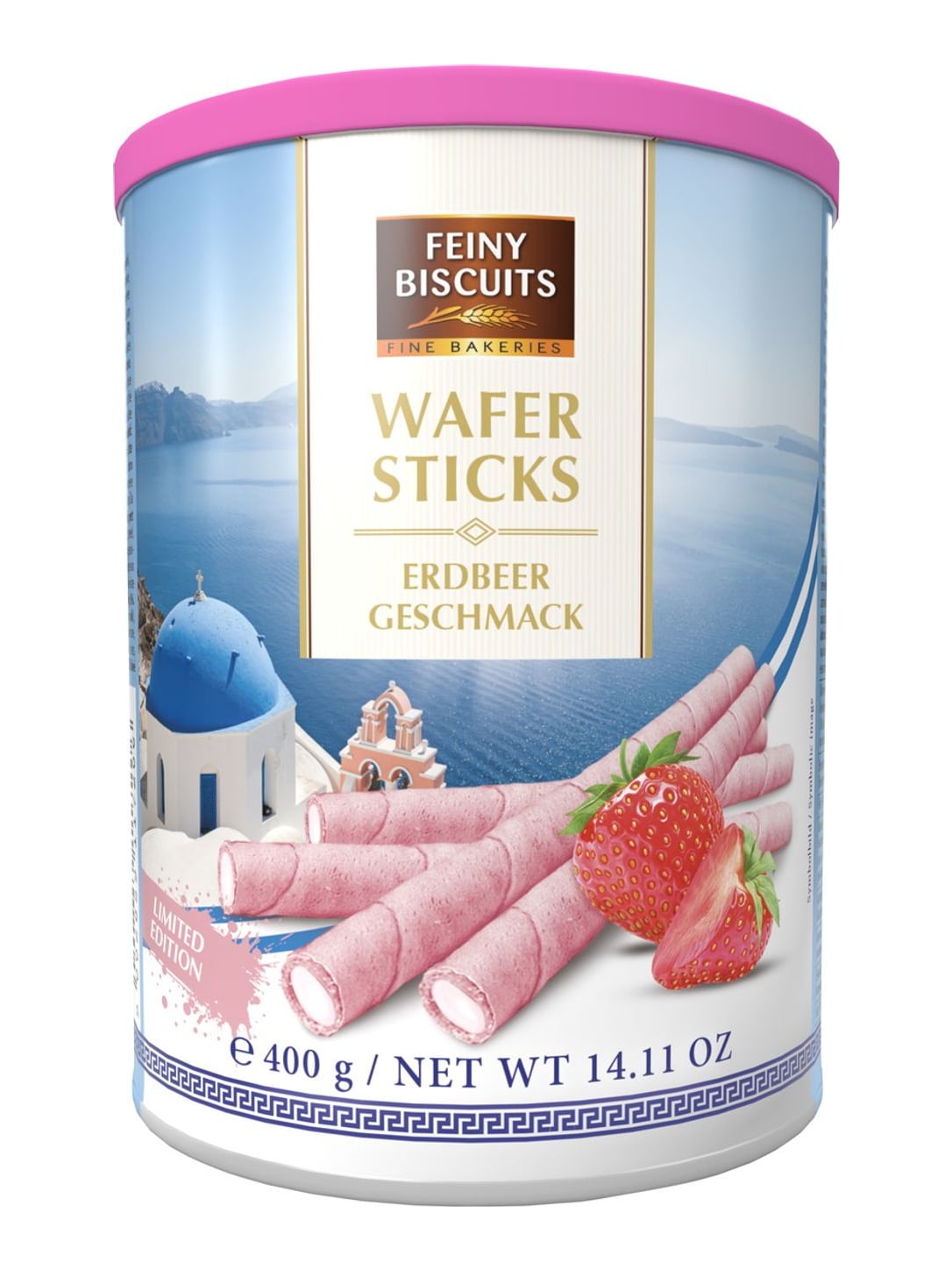 Feiny Biscuits Waffelröllchen Erdbeercreme 400g – Wafer Sticks mit Erdbeerfüllung