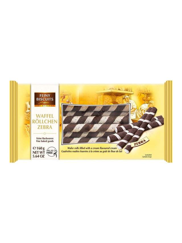 Feiny Biscuits Waffelröllchen Zebra 160g – knusprige Waffelröllchen mit Kakaocreme