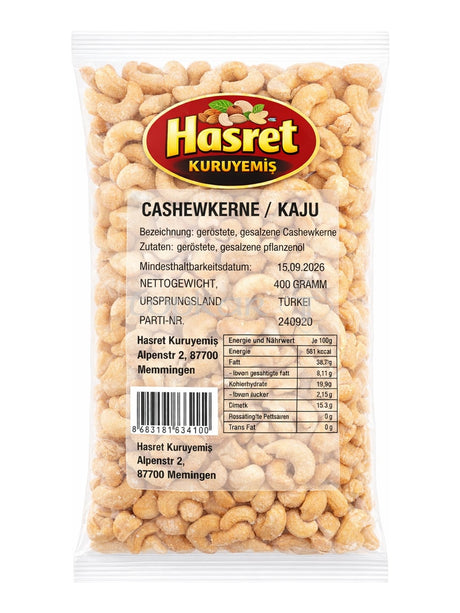 Hasret Cashewkerne 400g – Kaju geröstet und gesalzen türkische Nüsse