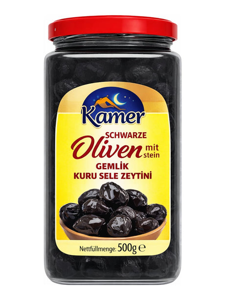 Kamer Schwarze Oliven mit Stein Gemlik 500g – Kuru Sele Zeytini türkische schwarze Oliven