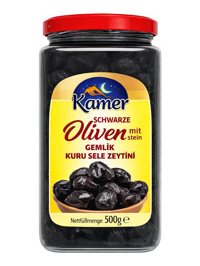 Kamer Schwarze Oliven mit Stein Gemlik 500g – Kuru Sele Zeytini türkische schwarze Oliven