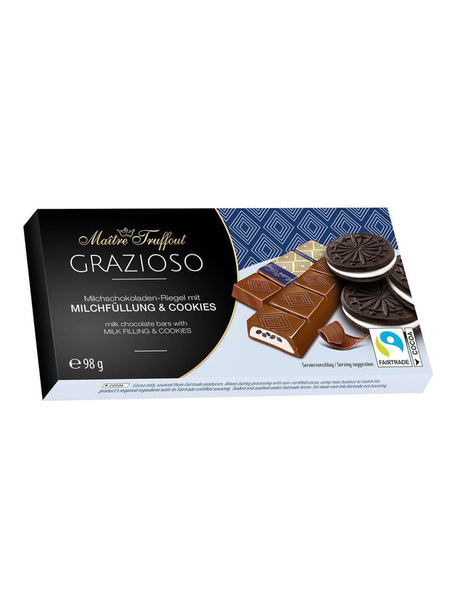 Maître Truffout Grazioso Milchschokolade 98g – Milchcreme mit Kakaokeksstücken
