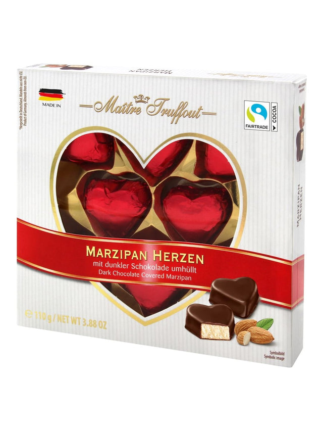 Maître Truffout Marzipanherzen 110g – Marzipan in dunkler Schokolade
