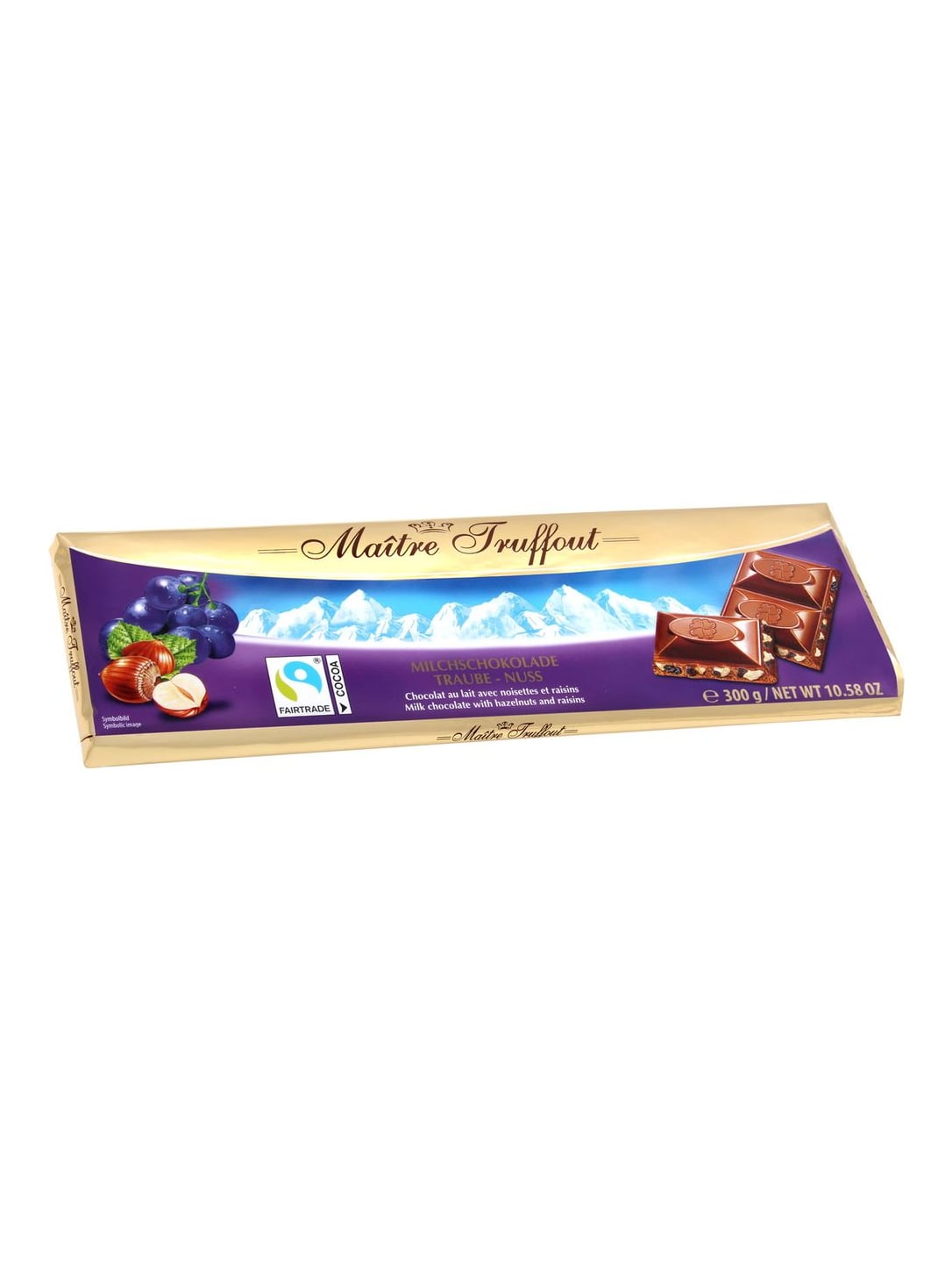 Maître Truffout Milchschokolade Traube-Nuss 300g – Vollmilchschokolade mit Haselnüssen und Rosinen