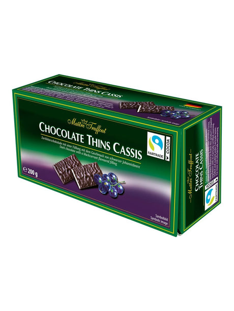 Maître Truffout Chocolate Thins Cassis 200g – Zartbitter Täfelchen schwarze Johannisbeere
