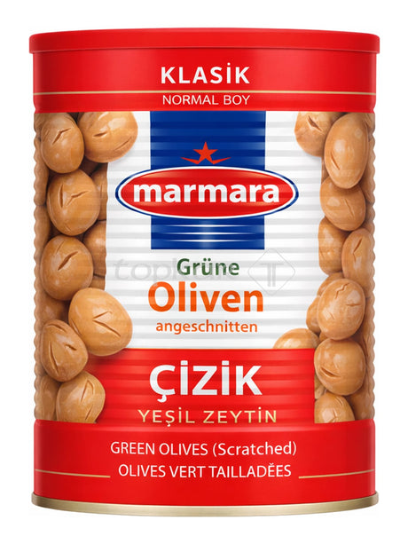 Marmara Grüne Oliven Angeschnitten 800g – Çizik Yeşil Zeytin türkische grüne Oliven in Lake