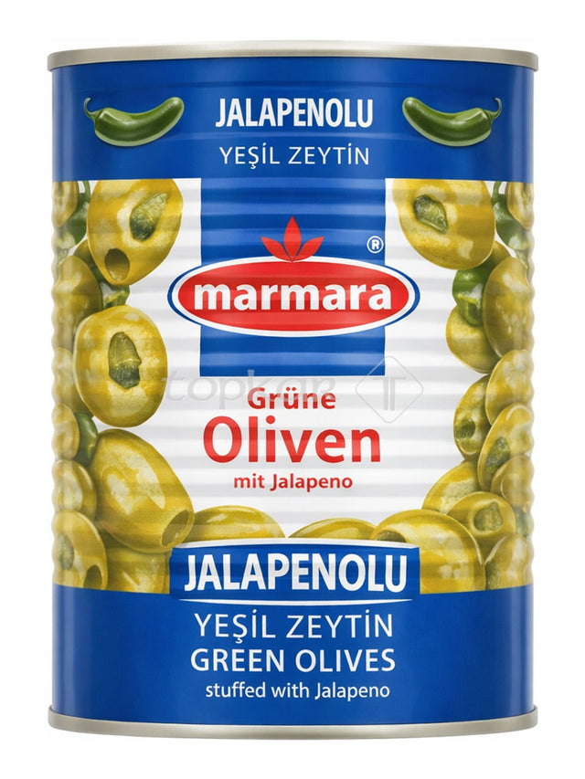 Marmara Grüne Oliven mit Jalapeno 800g – Jalapenolu Yeşil Zeytin eingelegte grüne Oliven