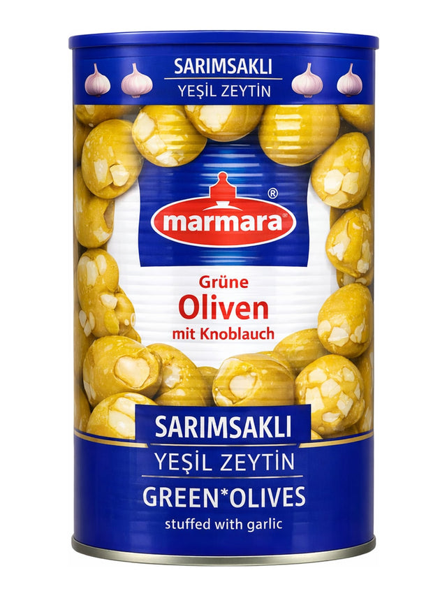 Marmara Grüne Oliven mit Knoblauch 1250g – Sarımsaklı Yeşil Zeytin gefüllte Oliven Dose