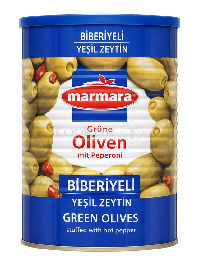 Marmara Grüne Oliven mit Peperoni 800g – Biberiyeli Yeşil Zeytin gefüllte grüne Oliven