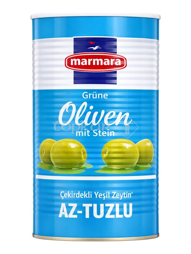 Marmara Grüne Oliven mit Stein 1250 g – Çekirdekli Yeşil Zeytin Az Tuzlu in Lake