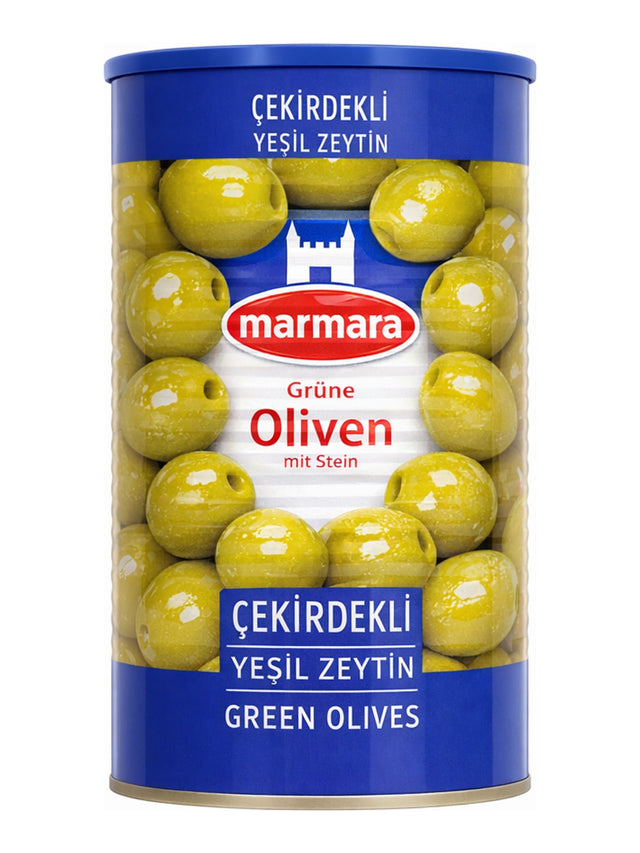 Marmara Grüne Oliven mit Stein 1250g – Çekirdekli Yeşil Zeytin eingelegte grüne Oliven