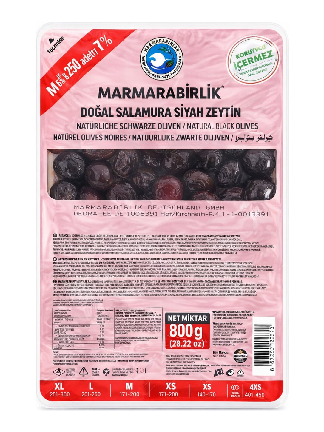 Marmarabirlik Doğal Salamura Siyah Zeytin 800g – schwarze Oliven in Salzlake mit Stein