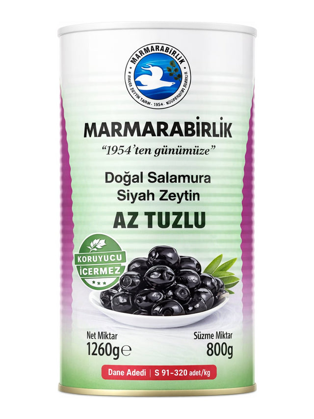 MARMARABİRLİK Schwarze Oliven Salamura Az Tuzlu 1260g – Doğal Salamura Siyah Zeytin türkische Oliven