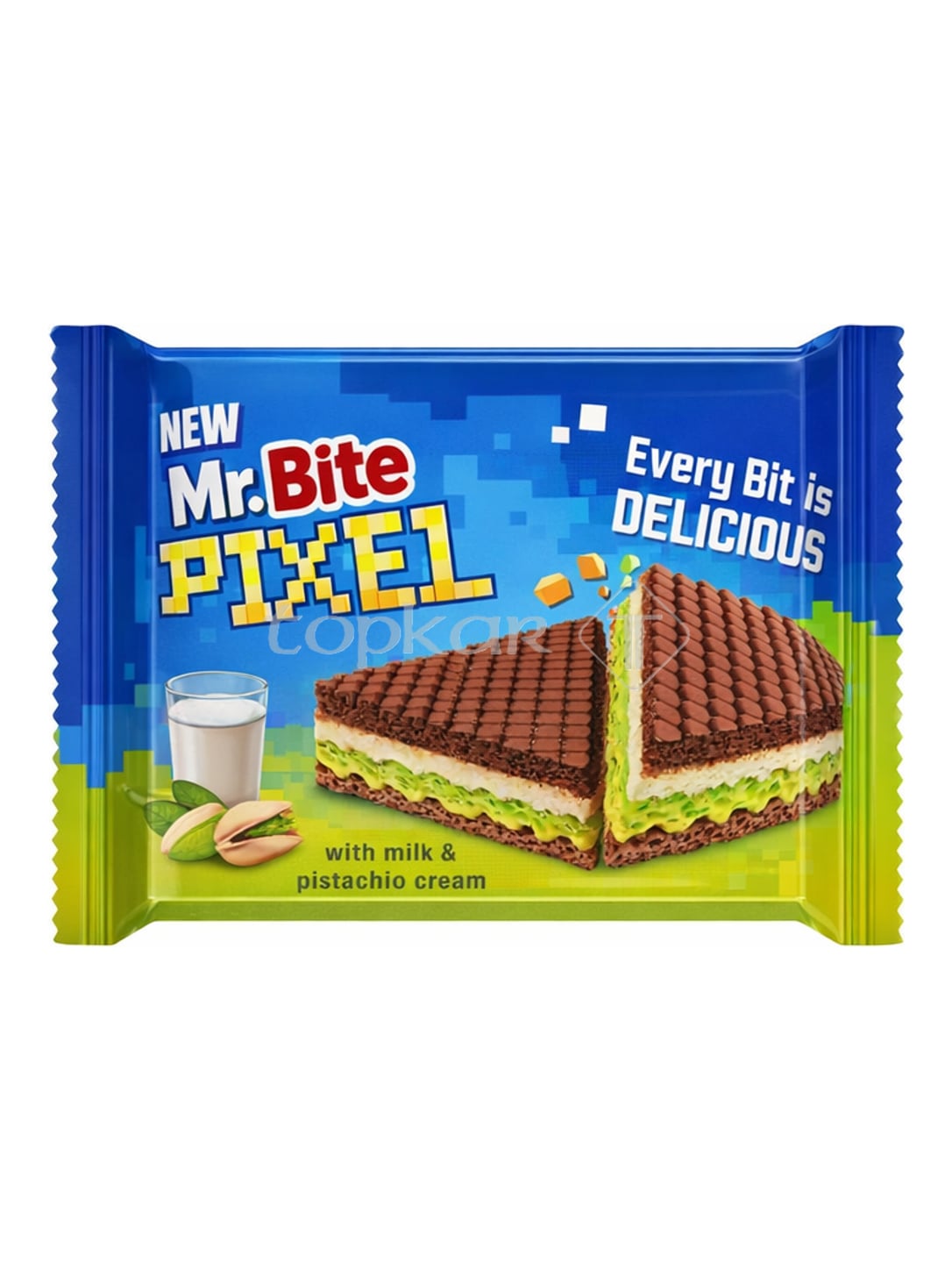 Mr. Bite Pixel Waffelriegel 28g – Waffel mit Milchschokolade und Pistaziencreme