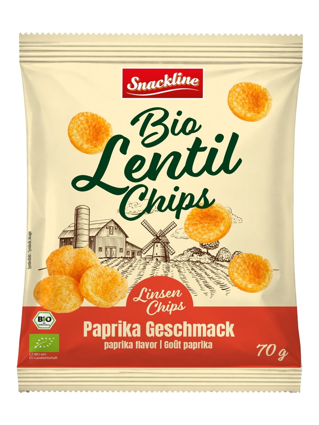 Snackline Bio Linsenchips Paprika 70g – knuspriger Linsen-Maissnack mit Paprika