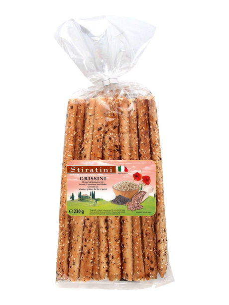 Stiratini Grissini 230g – italienische Brotstangen mit Leinsamen Sesam und Mohn