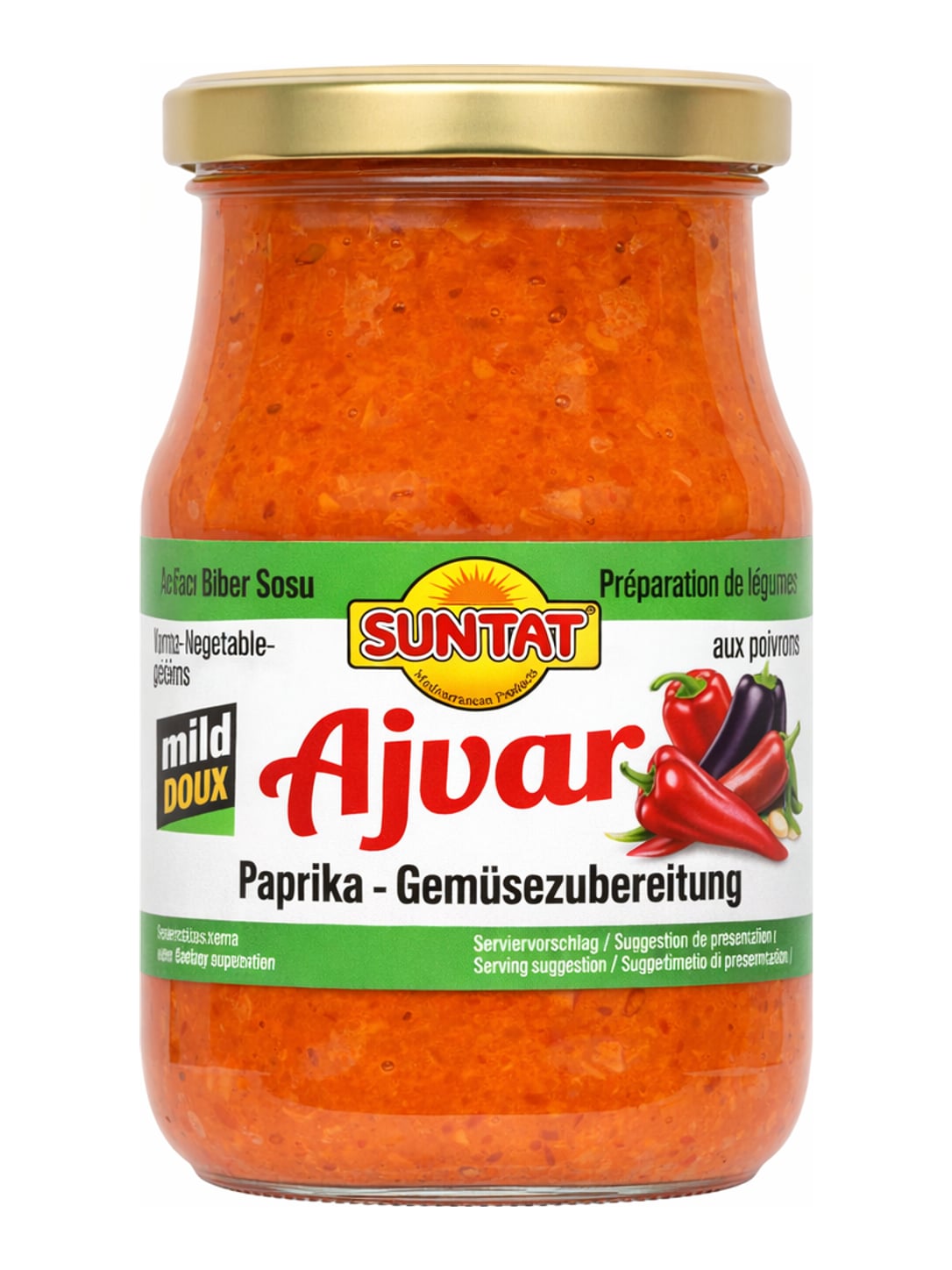 Suntat Ajvar Paprika-Gemüsezubereitung mild 340g – Ajvar mit Rote Paprika und Auberginen