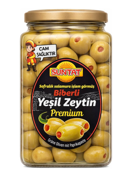 SUNTAT Grüne Oliven mit Paprikapaste Premium 1500g – Biberli Yeşil Zeytin