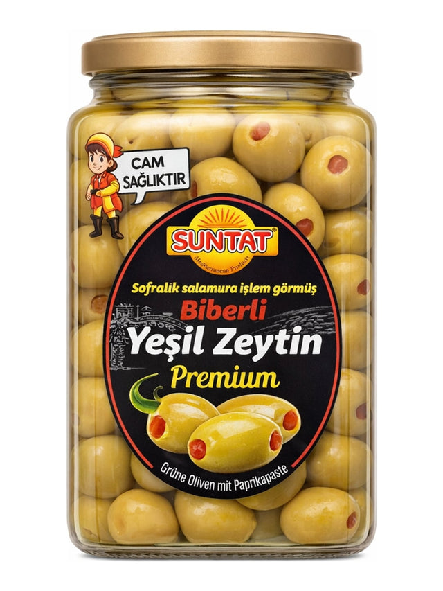SUNTAT Grüne Oliven mit Paprikapaste Premium 1500g – Biberli Yeşil Zeytin