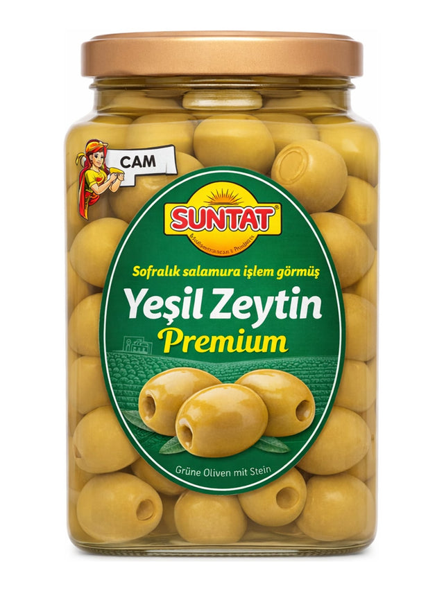 SUNTAT Grüne Oliven Premium 1500g – Yeşil Zeytin mit Stein eingelegt
